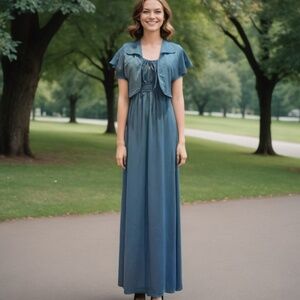 70s 2PC RETRO BLUE KNIT SPAGHETTI STRAP MAXI DRESS W SASH & MATCHING BOLERO SZ M